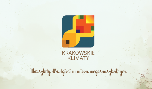 Logotyp projektu  - ubrane w nowoczesną geometryczną formę pawie pióro. Pod nim napisy Krakowskie klimaty,  warsztaty dla dzieci w wieku wczesnoszkolnym.