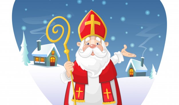 Grafika przedstawiająca postać świętego Mikołaja w stroju biskupim. W tle zimowy krajobraz, domki z ośnieżonymi dachami, z kominów leci dym. Z nieba pada śnieg.
