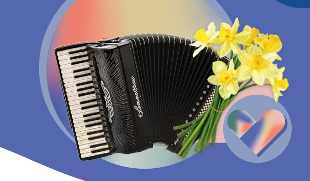 Grafika przedstawiająca akordeon i wiosenne żonkile.