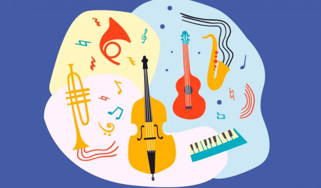 grafika przedstawiająca kolorowe instrumenty muzyczne