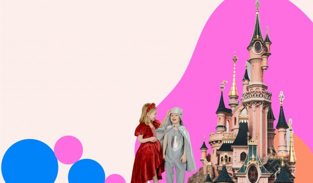 Kolorowa grafika przedstawiająca zamek i dwójke dzieci przebranych za rycerza i księżniczkę