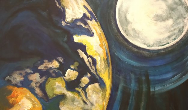Obraz namalowany na płótnie. Na ciemnym tle kosmosu widoczne sa dwie kule - kula zmieska z zarysowanymi jaśniejszym kolorem kształtami kontynentów oraz jasna kula księżyca ziemskiego.
