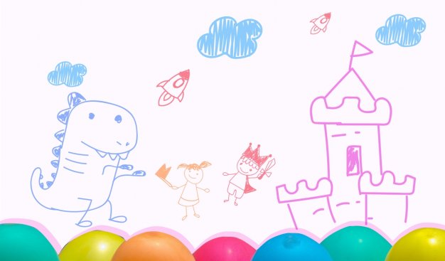 kolorowa grafika przedstawiająca balony i rysunkowego dinozaura, zamek, dziewczynkę, rycerza i chmury ze statkami kosmicznymi