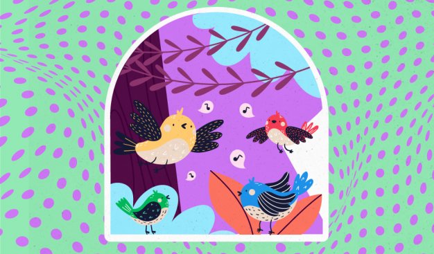kolorowa grafika przedstawiająca śpiewające ptaki