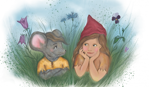 rysunek pochodzący z książki na podstawie której będzie słuchowisko. Mysz i dziewczynka leżące w trawie i uśmiechające się do siebie