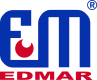 Logotyp. Duże niebieskie, połączone ze sobą litery EM. Pod nimi czerwony napis EDMAR.