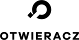 Czarny logotyp w kształcie otwartego koła z nazwą "Otwieracz"