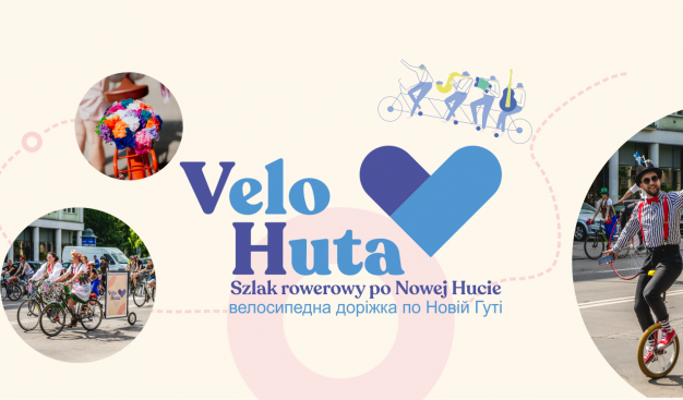 Grafika przedstawiająca logotyp i napis Velo Huta. Wokół kilka kolorowych zdjęć przedstawiających rowerzystów