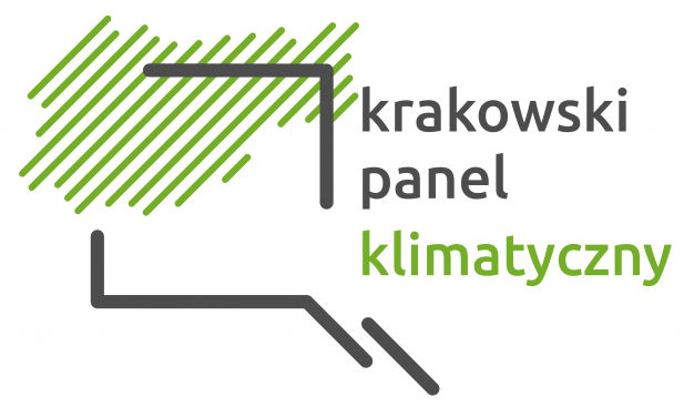 Logotyp Krakowskiego Panelu Klimatycznego. Równoległe do siebie ukośne zielone kreski układające się w kształt powierzchni Krakowa, na nich niepełny kwaratowy kształt komiksowego dymku. Z prawej strony napis "krakowski panel klimatyczny".