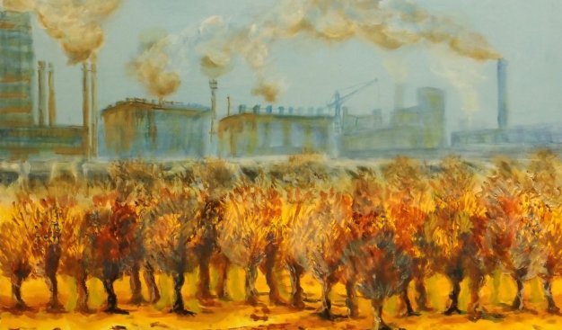 Obraz autorstwa Pawła Małoty, akryl na płótnie. Jesienne drzewa na pierwszym planie, w tle zakłady i dymiące kominy nowohuckiej huty.