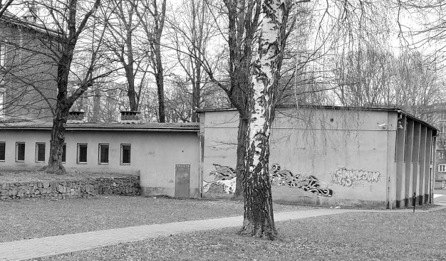 Czarno-białe zdjęcie przdstawiające widok na dawne Kino Stal. Do okoła drzewa.