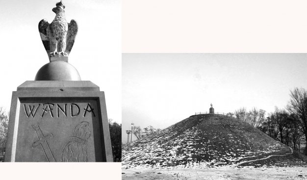 Czarno-biały dyptyk. Na górnym zdjęciu zbliżenie na pomnik orła na szczycie Kopca Wandy. Na dolnym zdjęciu widok na cały Kopiec Wandy zimą.
