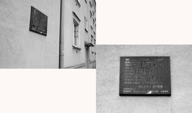 Czarno-biały dyptyk. Na górnym zdjęciu fragment pierwszego budynku Nowej Huty z tablicą pamiątkową. Na dolnym zdjęciu zbliżenie na tablicę pamiątkową.