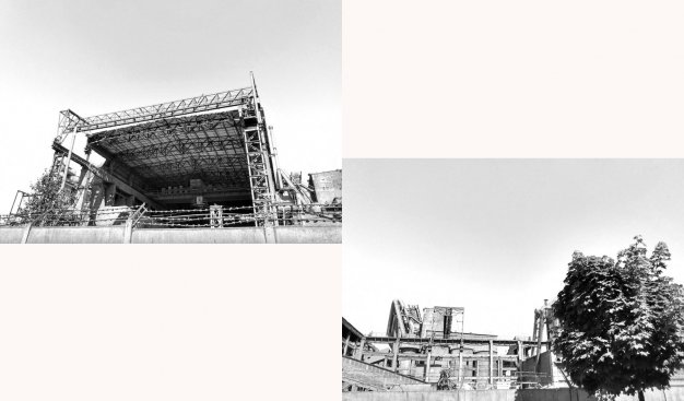 Czarno-biały dyptyk. Na górnym i dolnym zdjęciu fragmenty starej, rozbieranej aktualnie cementowni. W kadrach dużo przestrzeni zajmuje niebo.
