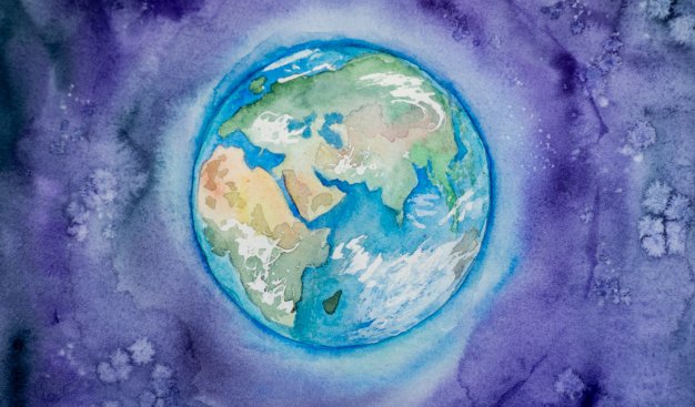 grafika - kolorowy rysunek przedstawiający kulę ziemską w otoczeniu ciemnej, fioletowej przestrzeni kosmicznej