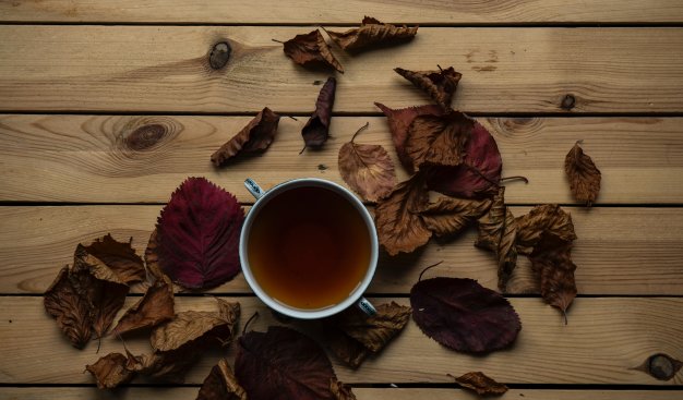 Zdjęcie kubka herbaty stojącej na stole w otoczeniu liści