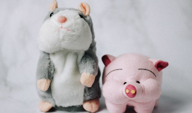 Zdjęcie przedstawiające dwa pluszowe zwierzaki. Szarą myszkę i różową świnkę