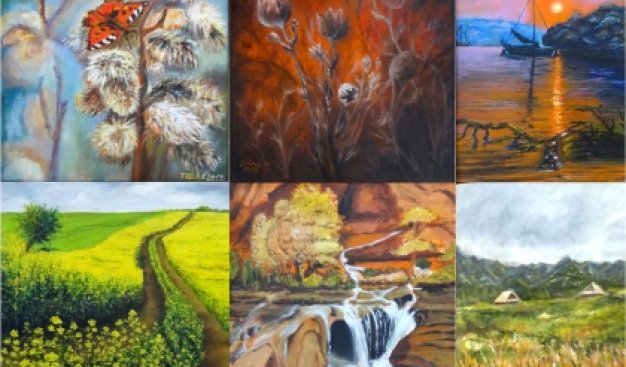 Kolaż z sześciu prac malarskich przedstawiających różne plenery podczas róznych pór roku