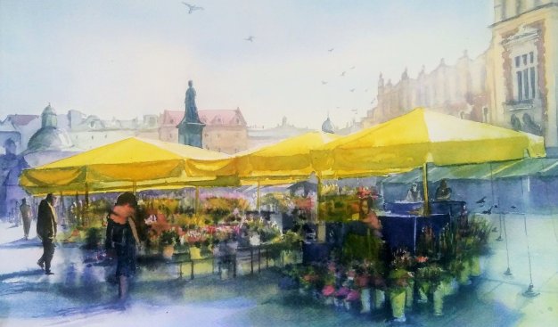 Obraz Pani Moniki Borowiec. Akwarela przedstawiająca stoiska kwiaciarek z żółtymi parasolami na RYnku Głównym w Krakowie
