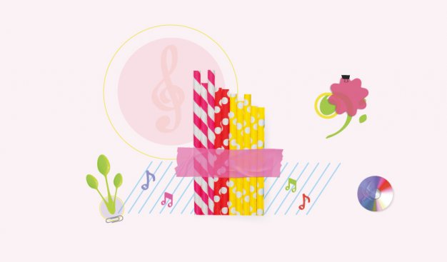 kolorowa grafika przedstawiająca zaimprowizowany instrument muzyczny zrobiony z kolorowych słomek