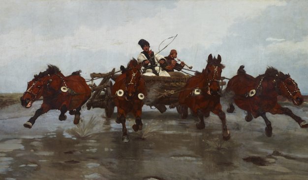 Fotografia obrazu autorstwa Józefa Chełoskiego Czwórka. Cztery konie zaprzężone do powożonego wozu.
