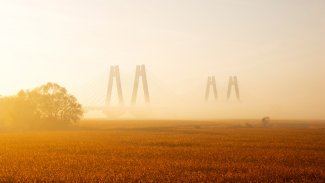 Zdjęcie w pomarańczowych tonach mostu we mgle