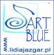Niebieski logotyp z napisem "Art Blue lidiajazgar.pl" i nutą