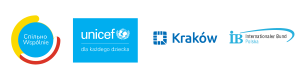 Logotypy kolejno od lewej UNICEF (niebieskie kółko z białym napisem UNICEF), napis Lato wspólnie, logotyp miasta Krakowa, Logotyp International Bund