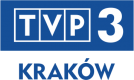 Niebieski prostąkąt z białymi literami TVP 3 cyfrą 3, poniżej niebieski napis Kraków