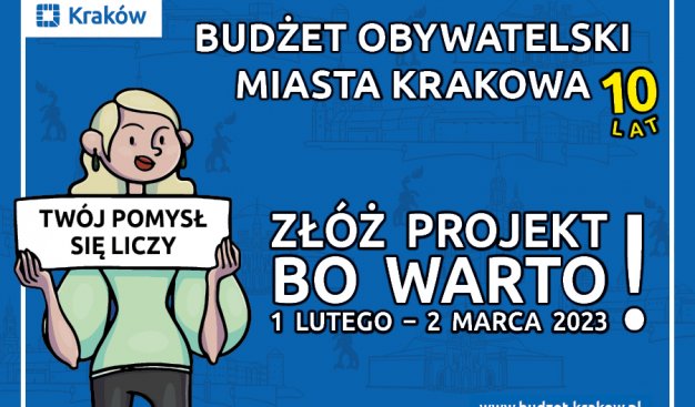 Niebieska grafika z białym napisem Budżet Obywatelski Miasta Krakowa