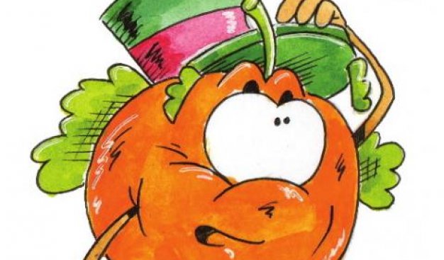 Rysunek. Postać dziecięcego bohatera - Pana Dyni. Pomarańczowa kula z wielkimi oczami, w zielonkawym kapeluszu.