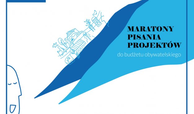 Biało-niebieska grafika z napisem na niebieskim tle "Maraton Pisania Projektów"