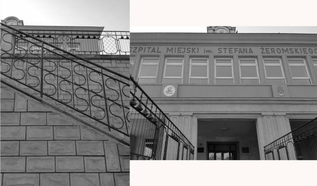 Czarno-biały dyptyk przedstawiający zdjęcia Szpitala im. S. Żeromskiego w Nowej Hucie. Na zdjęciu po lewej metalowa, ozdobna barierka przy schodach do wejścia głównego. Na zdjęciu po prawej widok na wejście główne oraz widniejącą nazwę szpitala na fasadzi