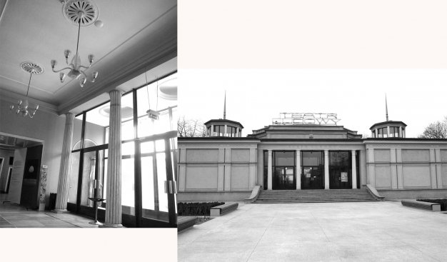 Czarno-biały dyptyk. Po lewej widok na wnętrze holu Teatru Ludowego. Po prawej widok na front budynku Teatru Ludowego